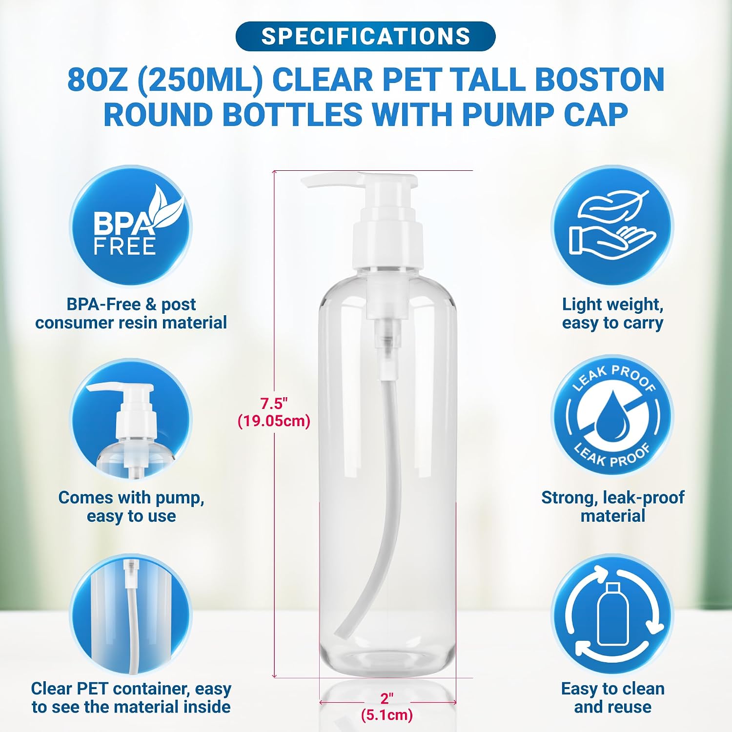 Max Water Refillable Bottles with Pump, BPA-Free, Portable Travel Size Leak-Proof Reusable for Household Use or Refilling Shampoo, Conditioner, Gel Sanitizer filling (8 fl. oz./ 250 ml) 2 Pack