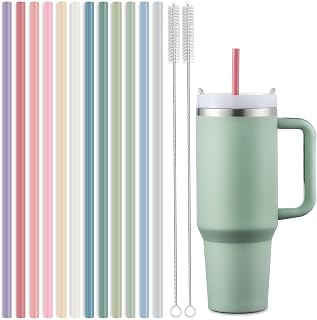 HIWARE 12-Pack 12.2" Silicone Reusable Straws for Stanley 40oz 30oz Tumblers - Flexible BPA-Free with 2 Cleaning Brushes