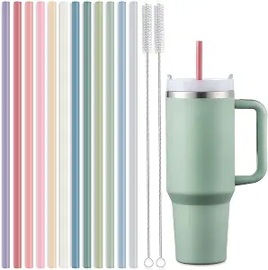 12-Pack Silicone Reusable Straws for Stanley 40 oz and 30 oz Cups, 12.2 inches Long with 2 Cleaning Brushes
