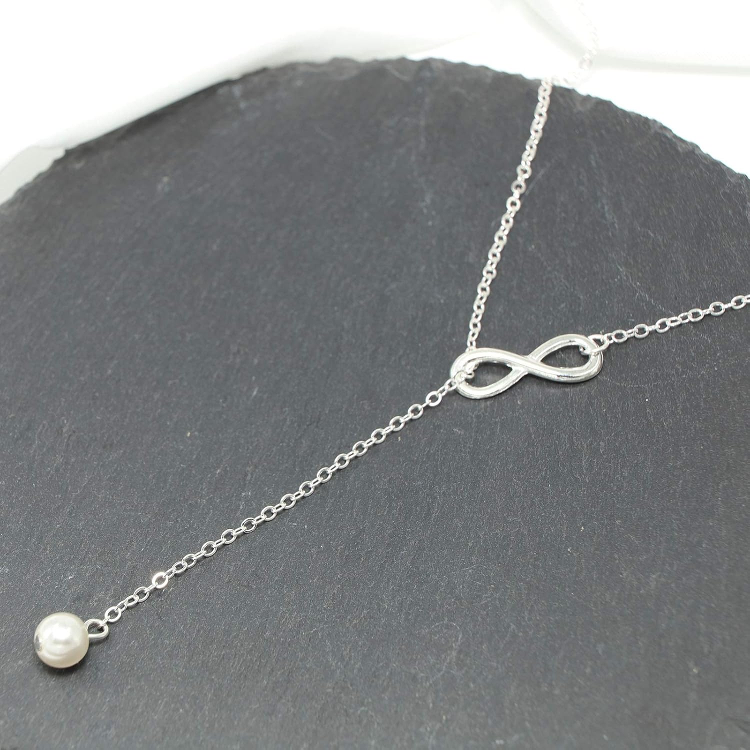 Yienate Pearl Pendant Necklace Fashion Y-Necklace Lucky Number 8 Necklace Jewelry for Women and Girls (Silver) - Image 3