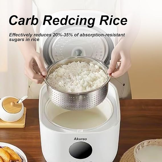 Healthy Low Carb Rice Cooker, 3 Litres, Low Sugar Digital Steamer Pot, Porridge, Soup, Quick Rice, White Rice, Stainless Steel Filter Basket, 5 Cooking Functions, Timer