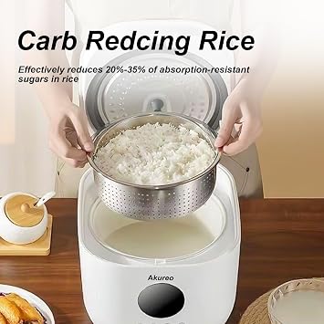 Healthy Low Carb Rice Cooker, 3 Litres, Low Sugar Digital Steamer Pot, Porridge, Soup, Quick Rice, White Rice, Stainless Steel Filter Basket, 5 Cooking Functions, Timer