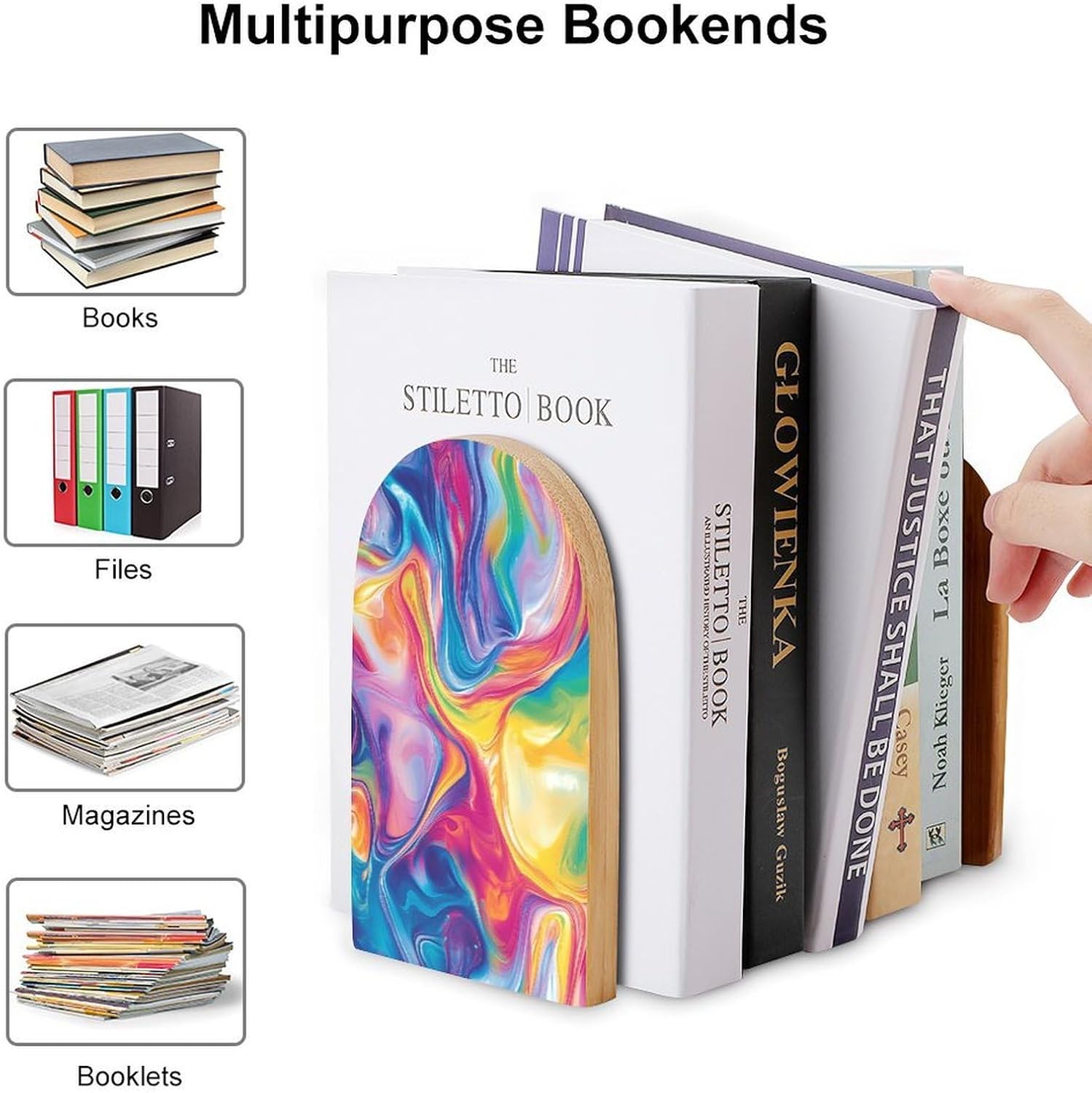 PsychedelicRainbow Cute Wood Book Ends Decorative Bookends 1 Pair Non-Skid for Shelves Home Office 7 X 5 Inch
