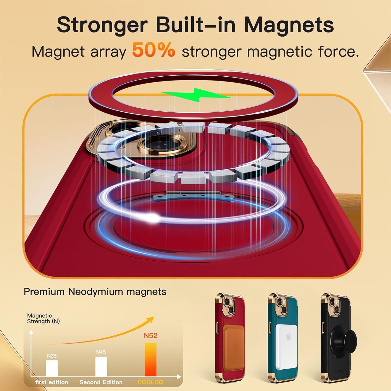 COOLQO for iPhone 14 Case 6.1'' Upgraded 360° Spin Magnetic Stand [Compatible with Magsafe][Military Grade Drop Protection] Shockproof Protective Phone Holder Cover for iPhone 14, Red Gold