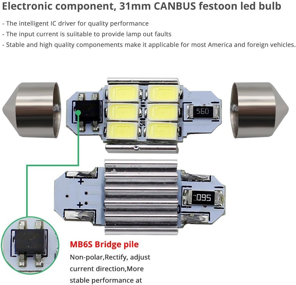 Boodlied 10pcs C5w 31mm Led bulb 5630 5730 6-SMD Chipsets Festoon Canbus No Error Free 3021 DE3021 6418 DE3423 DE3425 Led bulbs For Dome Map Door Trunk Interior Bulbs 6000k~6500K,DC 12V,White.