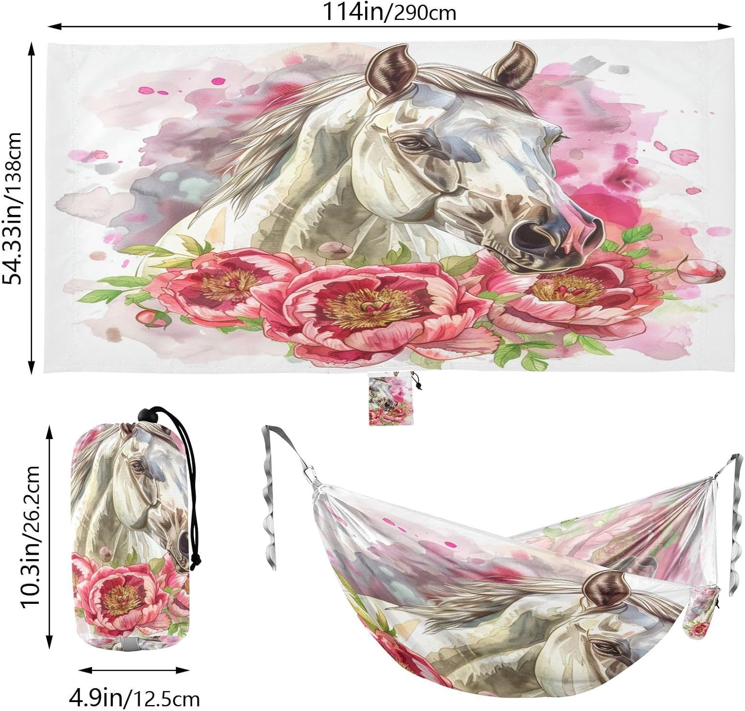 ALAZA Horse Portrait Peony Flower Camping Hammocks Single or 2 Person 500 lbs Portable Parachute Travel Hammock w/Tree Straps for Hiking Backpacking Indoor Outdoor