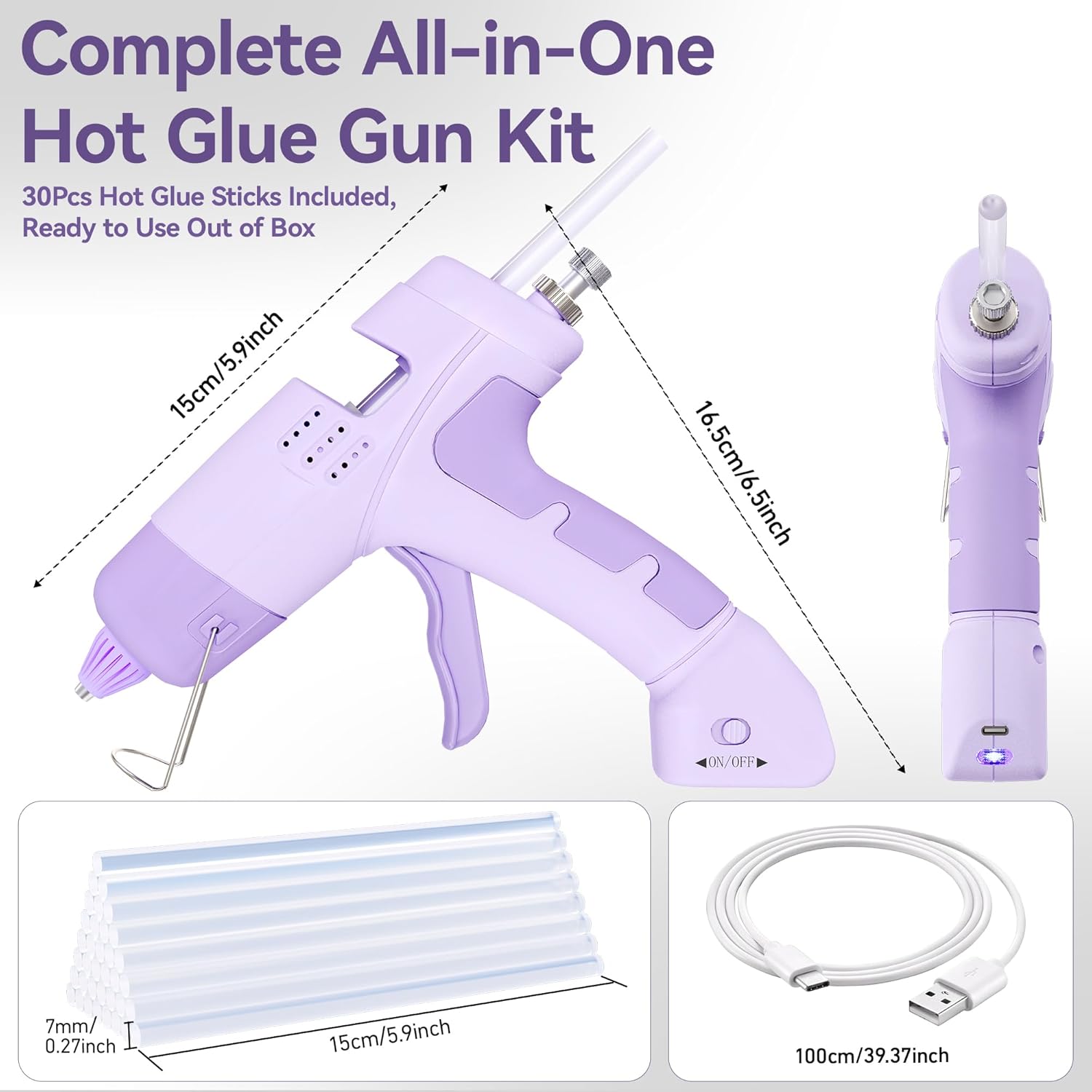 Cordless Hot Glue Gun Kit with 30 Glue Sticks,Built-in 2600mAh Battery Rechargeable Fast Preheating Hot Glue Gun and Sticks Set for School Crafts DIY Arts and Quick Home Repairs