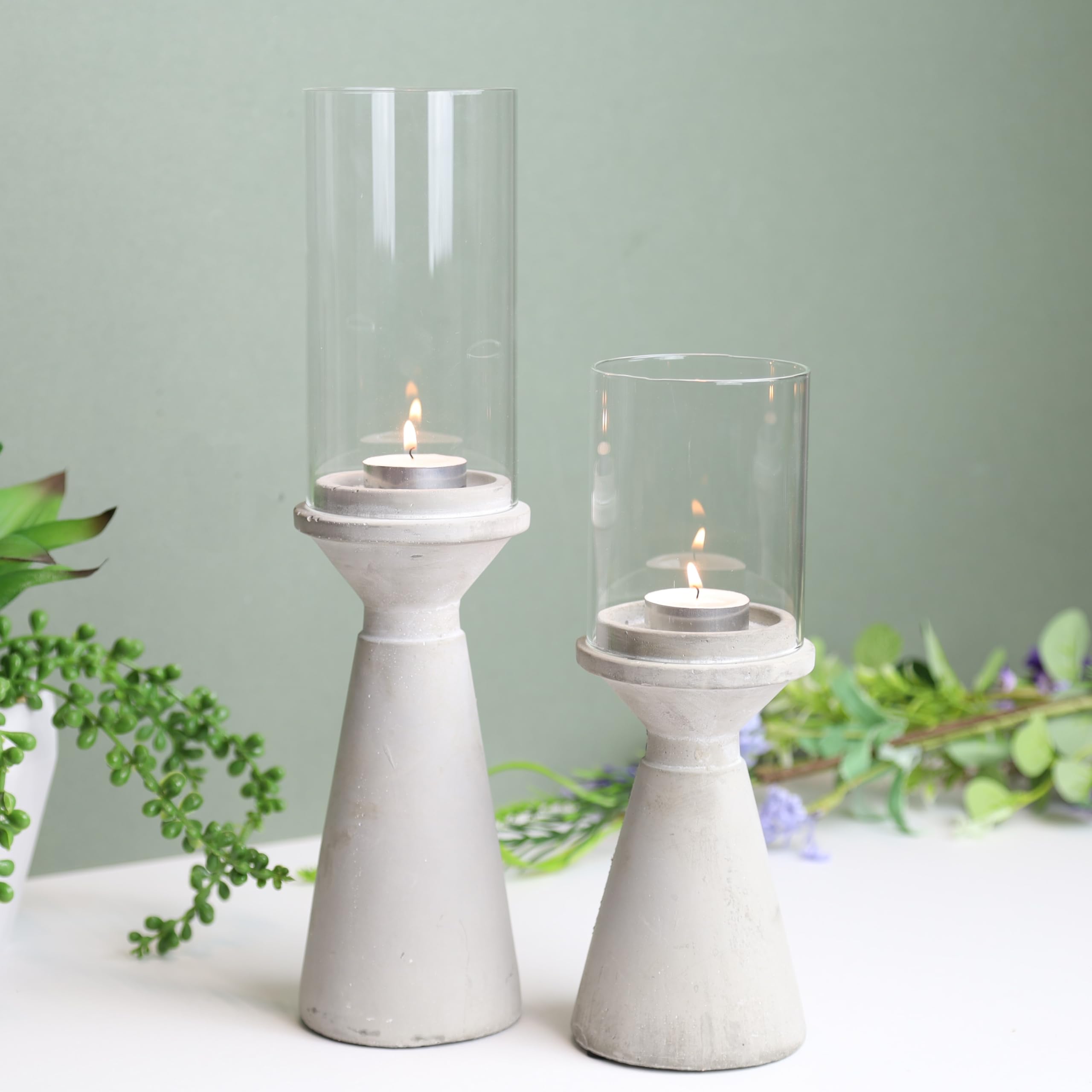 Fyne-Finds Grey Set Of 2- Small And Large Hurricane Cement Concrete Tea Light Candle Holders Lantern With Glass Shade