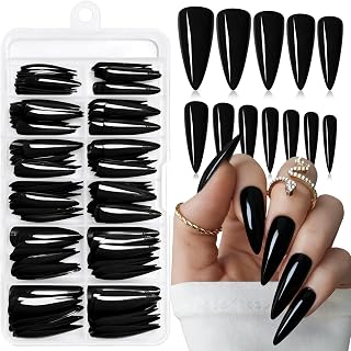 144pc Black Press on Nails Long Stiletto Fake Nails with Glue Tabs, Black Nails Press on Nail Stiletto Glue on Nail Long Acrylic Nail Pointy False Nail Women Gel Artificial Fingernails Kit