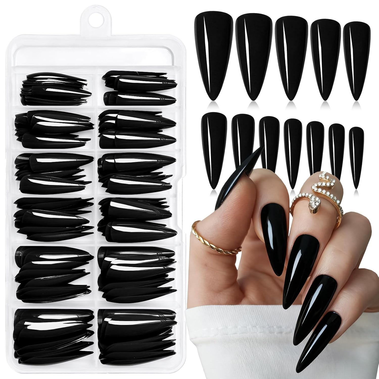 144pc Black Press on Nails Long Stiletto Fake Nails with Glue Tabs, Black Nails Press on Nail Stiletto Glue on Nail Long Acrylic Nail Pointy False Nail Women Gel Artificial Fingernails Kit