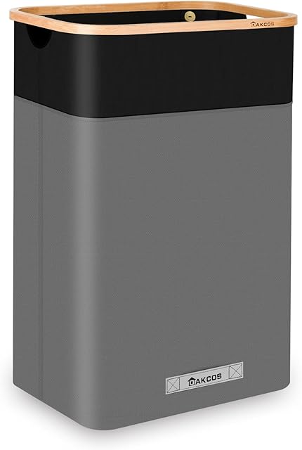 DAKCOS Laundry Basket Collapsible 80L Removable Laundy Bags Washing Baskets for Laundry with Handles Foldable Large Bamboo Laundry Hamper for Bedroom Black-Grey