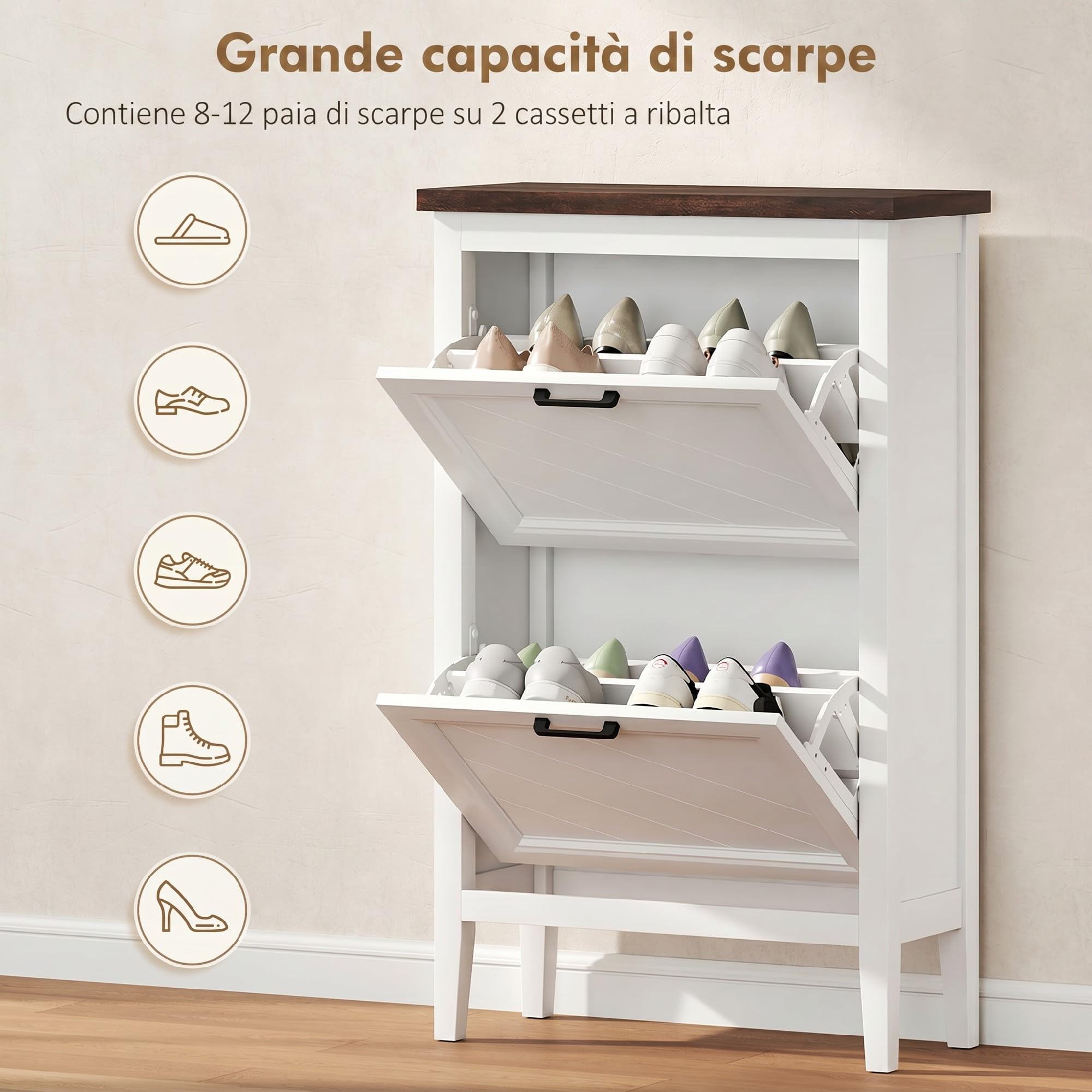 HOMCOM Scarpiera Salvaspazio Slim 2 Ante a Ribalta 8-12 Paia Bianco | Scarpiera Ingresso, Ripiani Regolabili, Porta Scarpe, Design Rustico, per Corridoio Soggiorno Ingresso