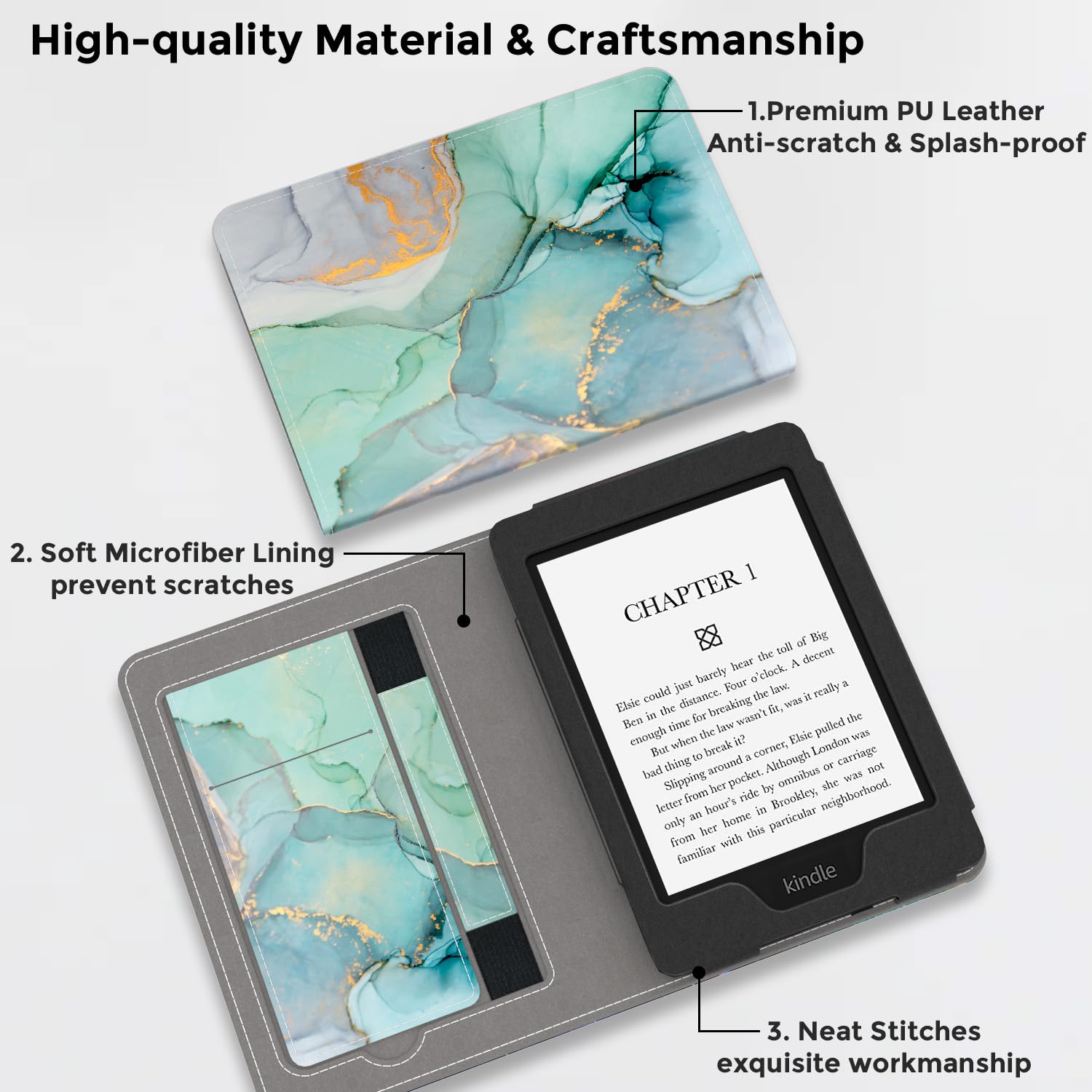 VORI Stand Case für Kindle Paperwhite (11th Generation-2021) und Kindle Paperwhite Signature Edition, PU Leder Hülle Smart Schutzhülle mit Auto Wake/Sleep und Handschlaufe, Smaragd Marmor