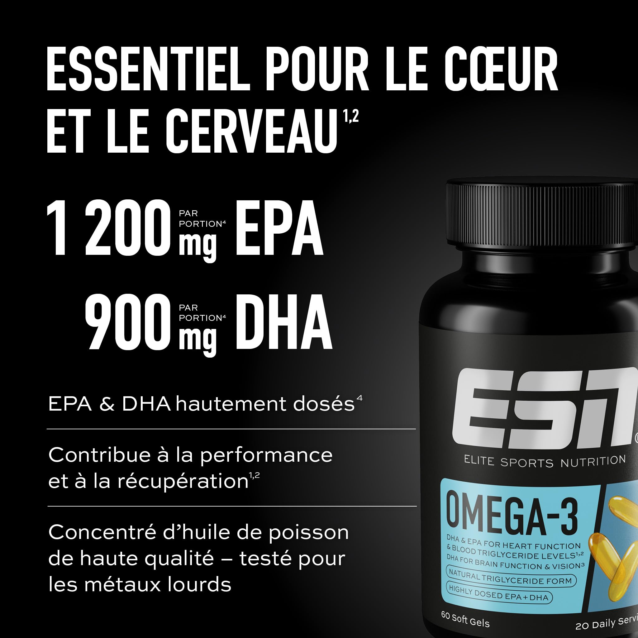 ESN Oméga-3, 60 gélules, huile de poisson hautement dosée avec 1200 mg d'EPA et 900 mg de DHA par portion journalière