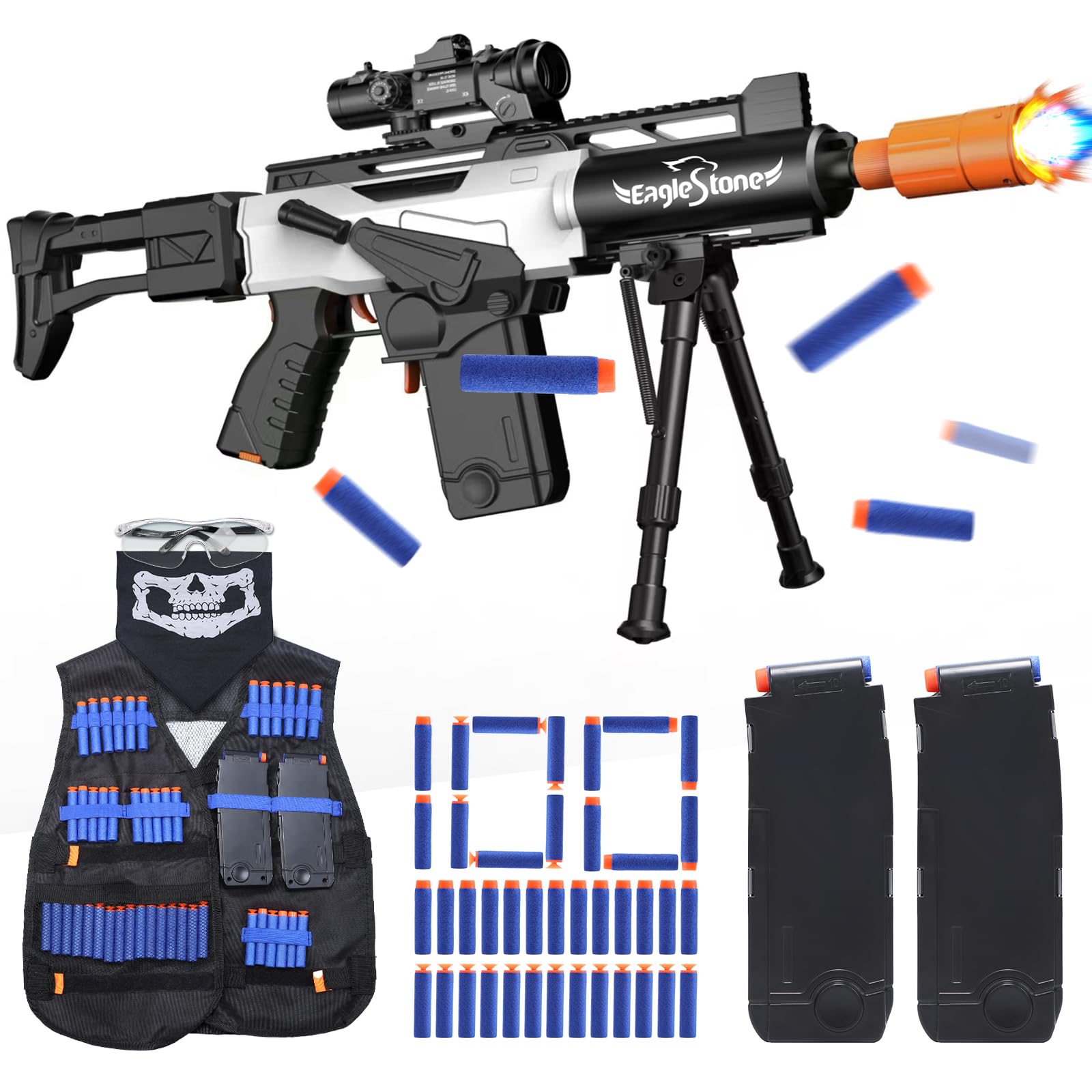 EagleStoneToy Gun for Boys,Realistic Automatic Sniper Rifle,Foam Blasters with Luminous Muzzle,Tactical Vest, Bipod, 2 Clips,100 Darts, Electric Toys for Kids 8-12 Adults Gifts for Birthday XmasGlobal Recycled StandardGlobal Recycled StandardGlobal Recycled Standard