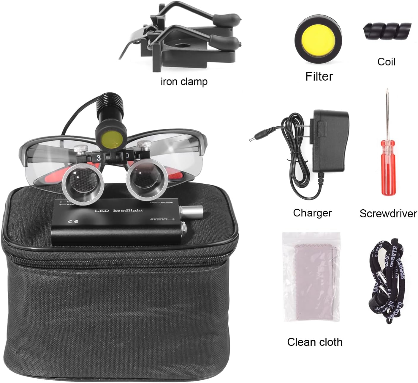 EustomA 3.5X Binocular Loupes Magnifier with 5W LED Clip on Headlight Optical Glass Headlamp with Two Clips Adjustable Cloth Bag DY-409-3.5X (Black)