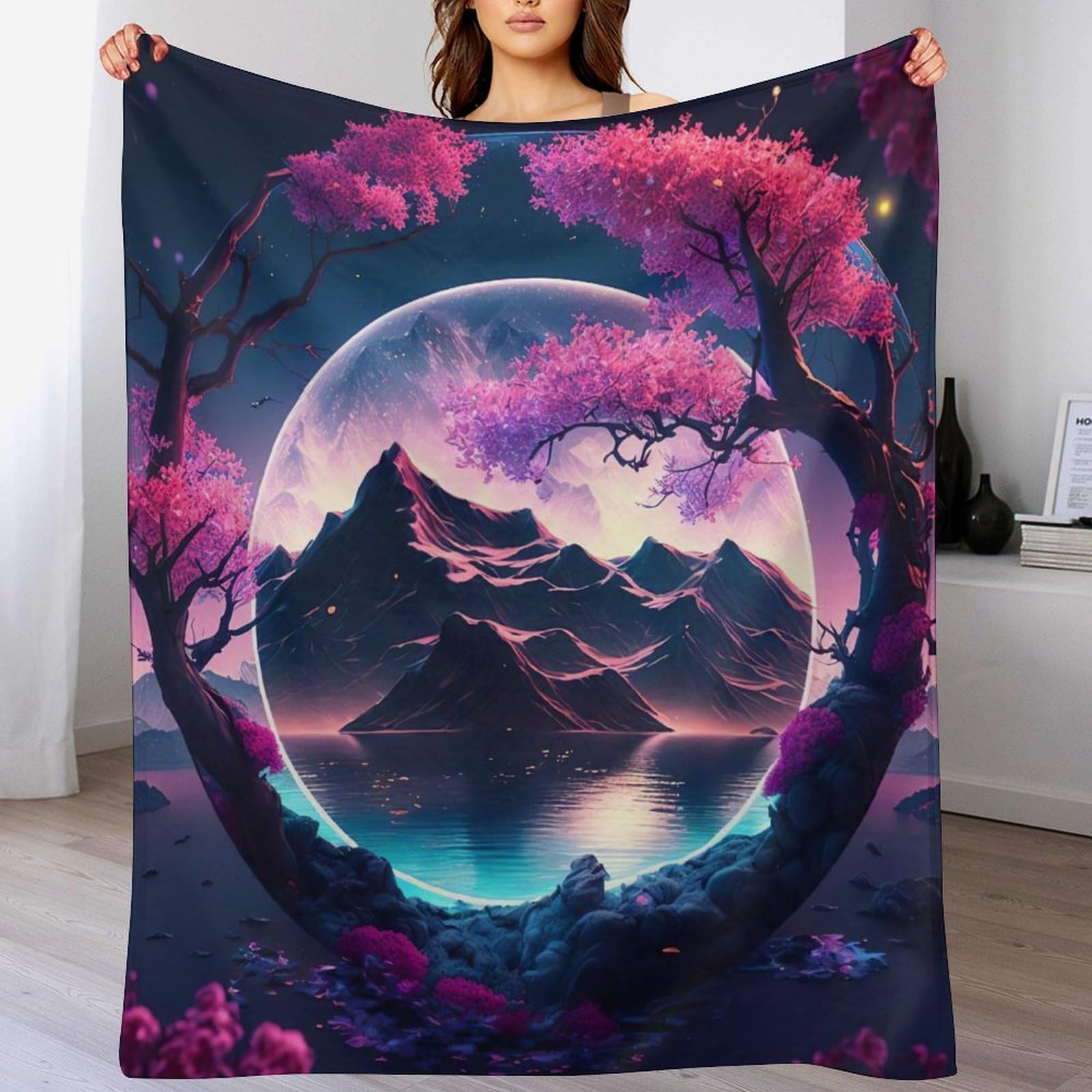 Couverture de lit en flanelle motif cerise tree japan art 150x200cm