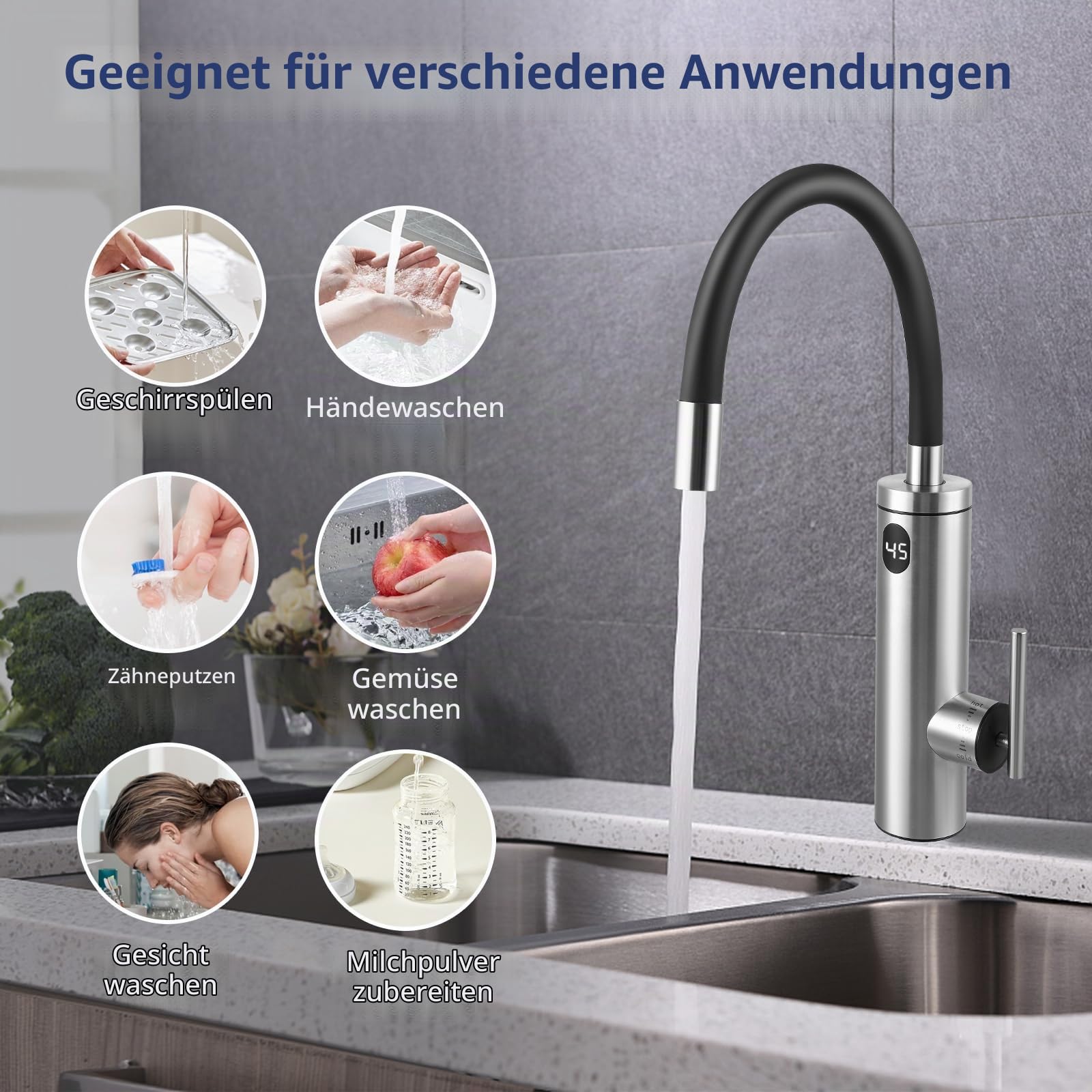 3300W Elektrischer Küchenwasserhahn mit Durchlauferhitzer – Sofort Warmwasser in 6s, 360° Drehbarer Edelstahl-Auslauf (304), LCD-Temperaturanzeige, Sicherheitsschutz, Einfache DIY-Installation