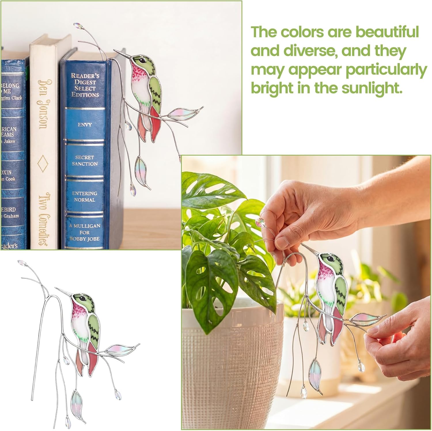 Sliner Hummingbird Stained Glass Suncatcher Decor for Indoor Outdoor Plants, Stained Glass Humming Bird Decoration for Garden Planters Hanging Plant, Handmade Gifts for Women Mom