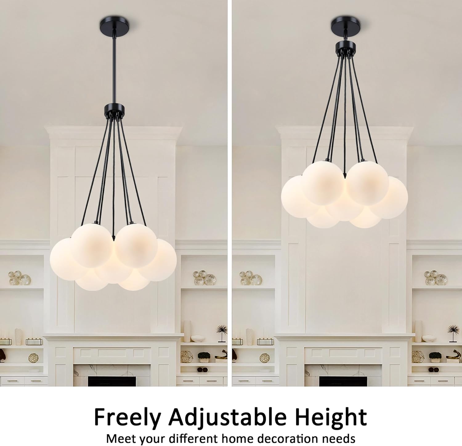 MEXO Modern Sputnik Glass Chandelier,Opal White Globe Pendant Light, Black Sputnik Bubble Glass Ceiling Light Chandelier for Bedroom, Living Room & Dining Room