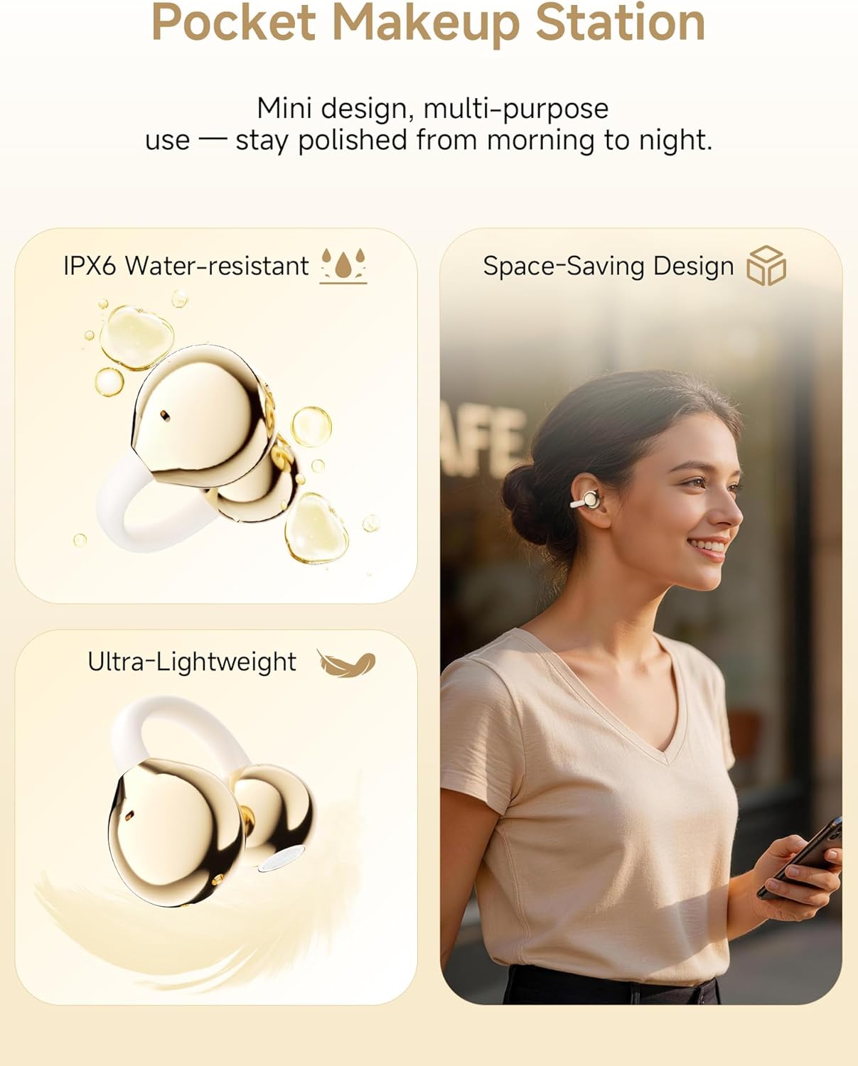 Clip On Earbuds, Open Ear Earbuds Wireless Bluetooth With Makeup Mirror Led Light, 4g Lightweight Soft Silicone Headphones With Bluetooth 6.0, Ipx6 Waterproof Fit For Women Yoga, Dates, Glasses