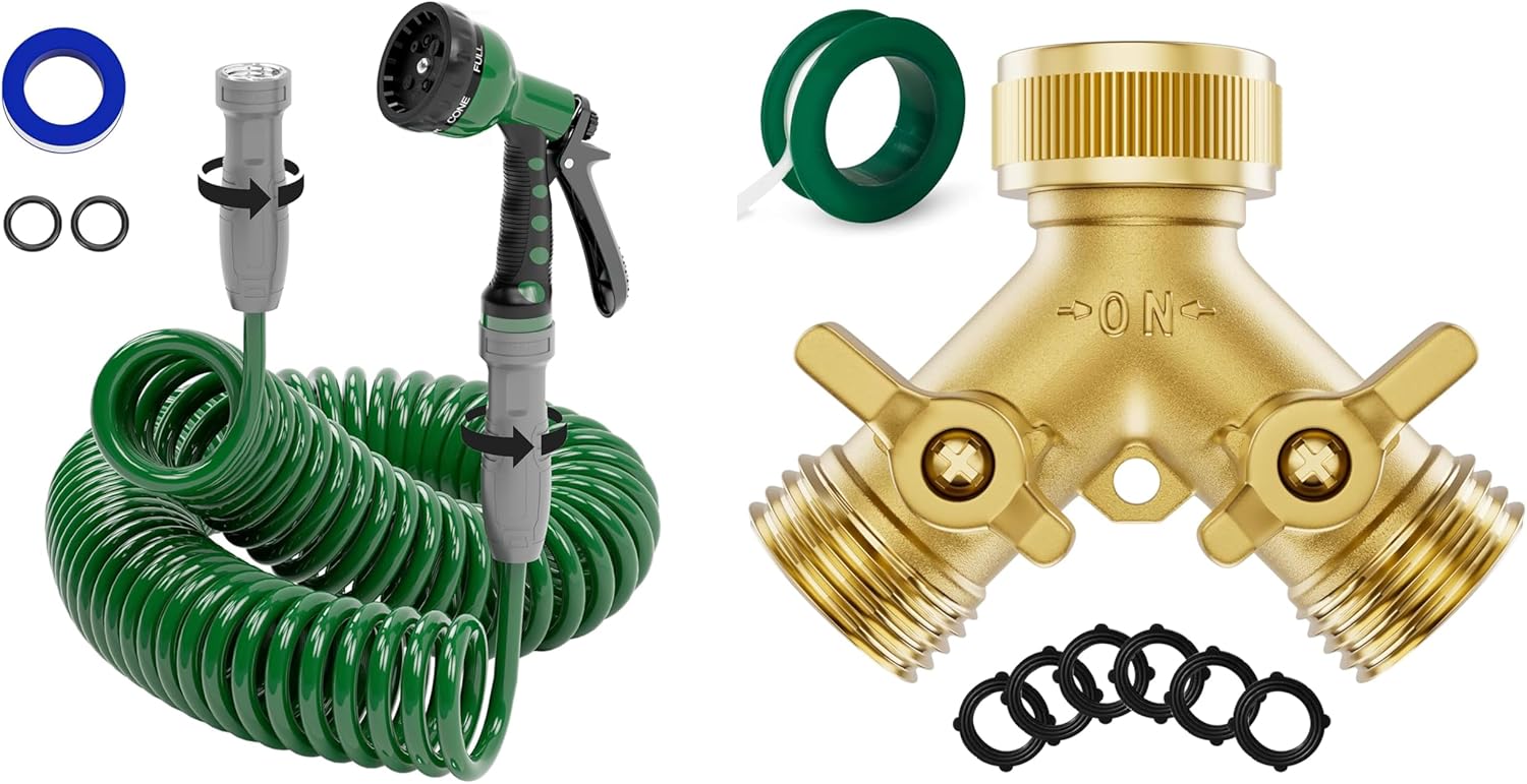 3/8" Lightweight Coil Garden Hose 75FT+Brass Garden Hose Splitter 2 Way