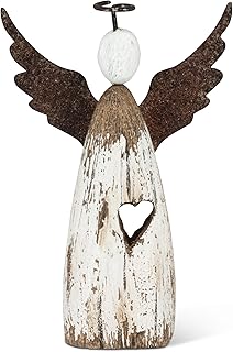 Abbott Collection Small Rustic Angel Decorative Figurine - Wood/Metal, Antique White (4.5 inches H)
