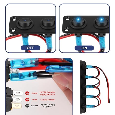 5 Gang Rocker Switch Panel, 12V - 24V 20A Waterproof On-Off Toggle | Switch Control with Blue LED Light Fit For Car, Boat, Yacht, Trailer, Caravan, Camper Bus, Tractor Truck