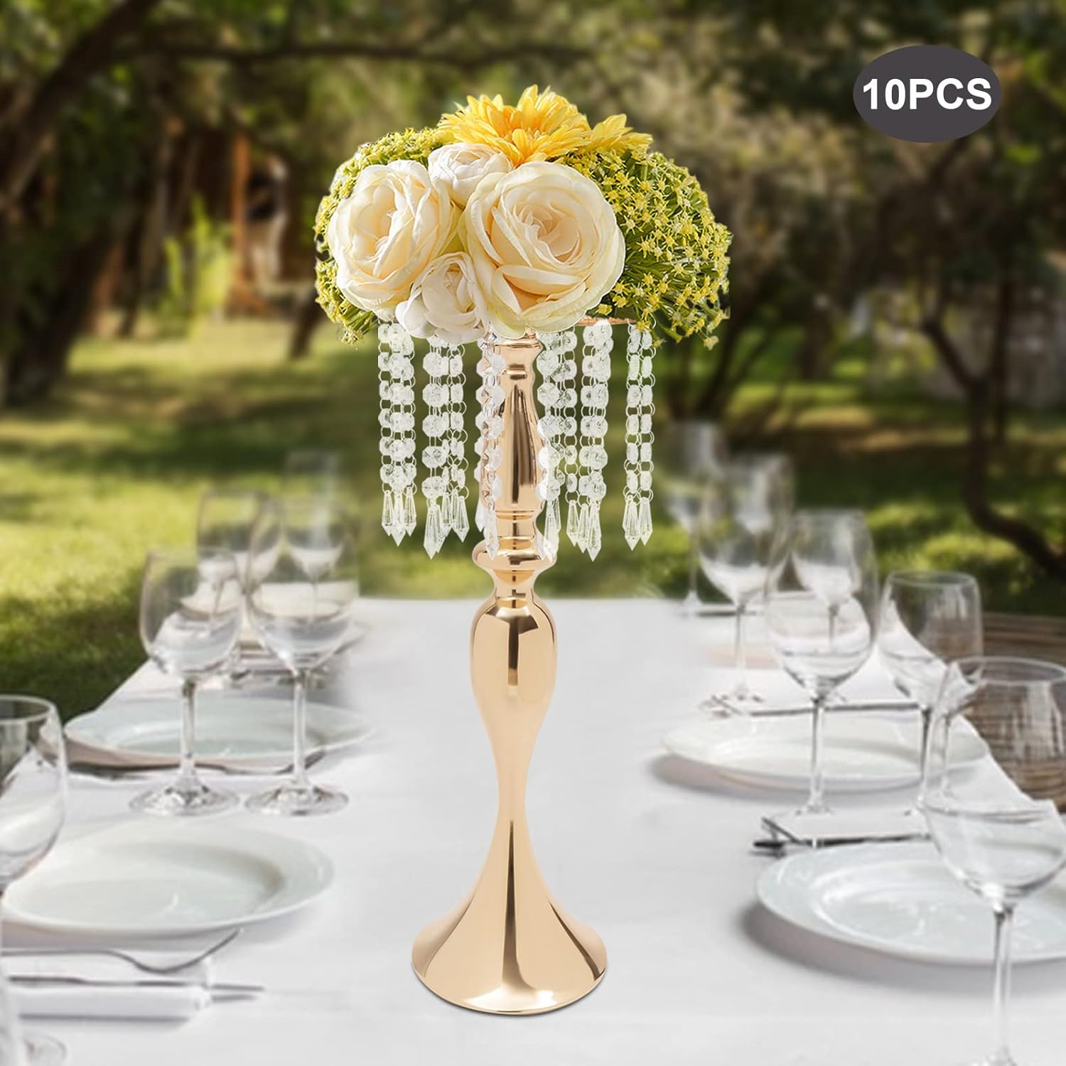Crystal Flower Stand, 10 Pcs Wedding Centerpieces Table Decorations, Tall Tabletop Metal Flower Vases with Glass Beads Flower Stand for Party Wedding Aisle Decor (Gold)