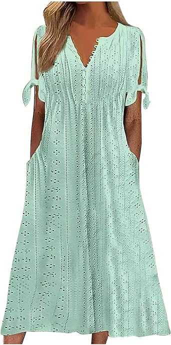 Wkishenl Summer Dresses for Women 2026 Vacation Plus Size Long Maxi Dress Short Sleeve V Neck Button Sundresses with Pockets