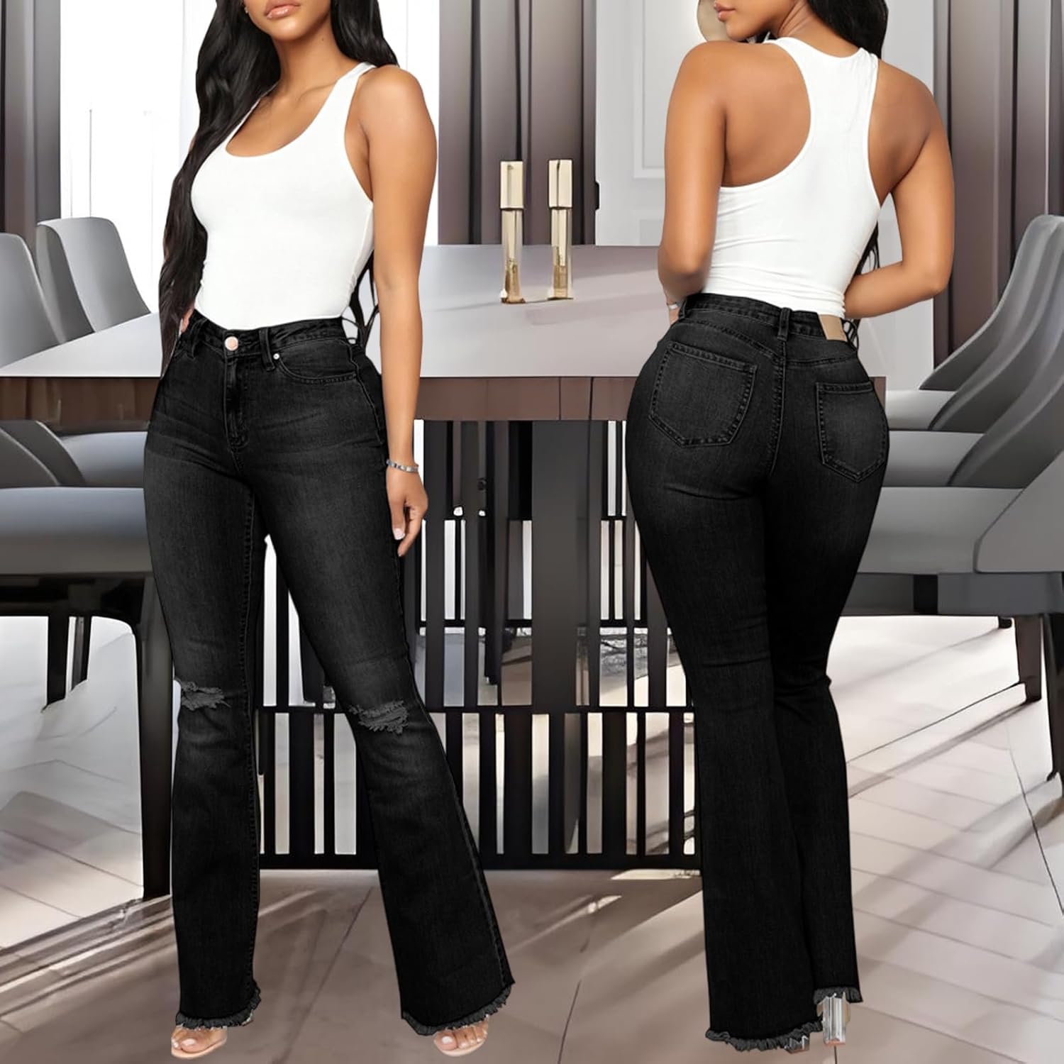 Bell Bottom Jeans for Women Skinny Flared Jeans Elastic High Waisted Vintage 70s Classic Stretchy Wide Leg Denim Pants - Image 4