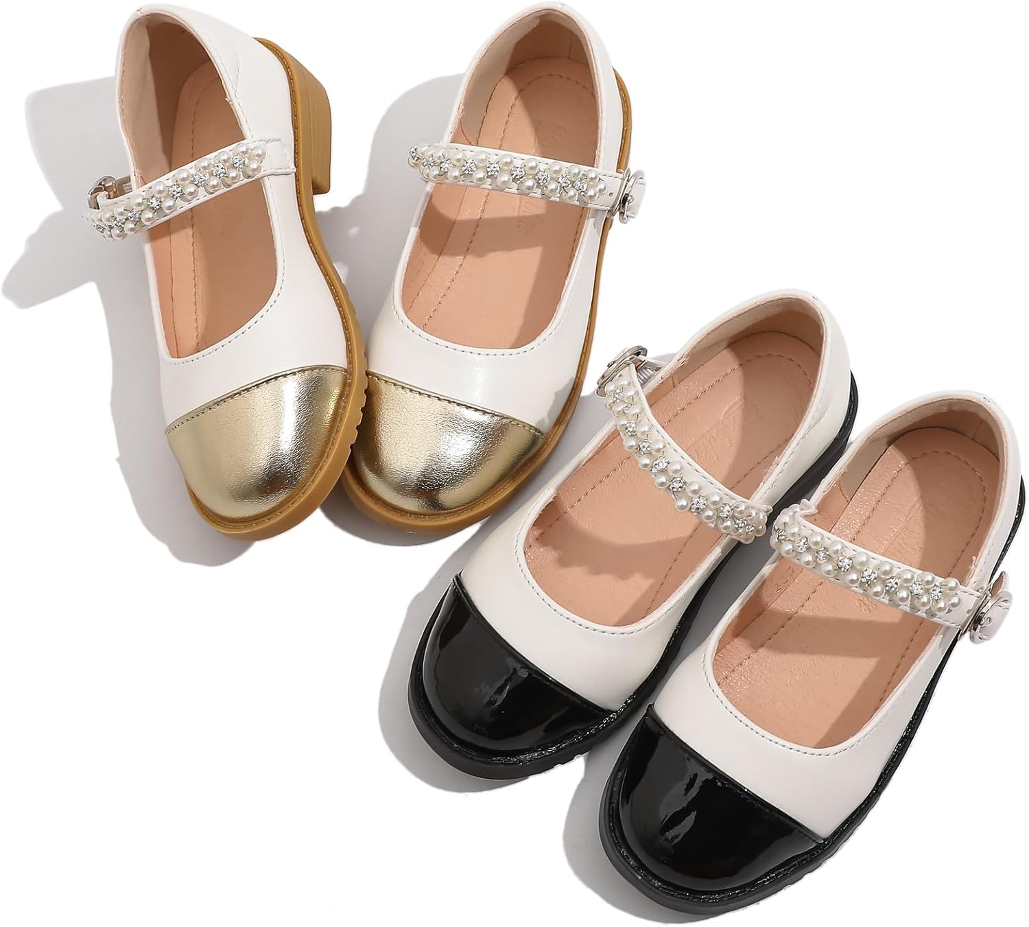 WUIWUIYU Girls Beads Ankle Strap Mary Jane Buckle Contrasting Colors School Uniform Dress Ballet Flats Shoes for Little Girl/Toddler