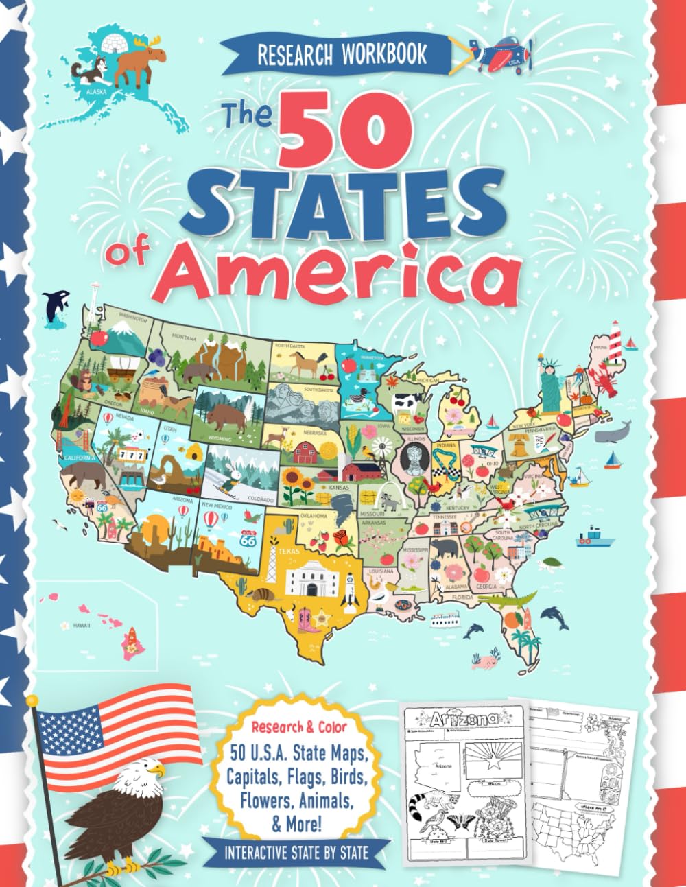 The 50 States of America: A Research Workbook for Kids: Learn USA Geography & State Symbols - Color and Discover All 50 States Maps, Capitals, Flags, ... More! (USA Geography & Map Skills for Kids)