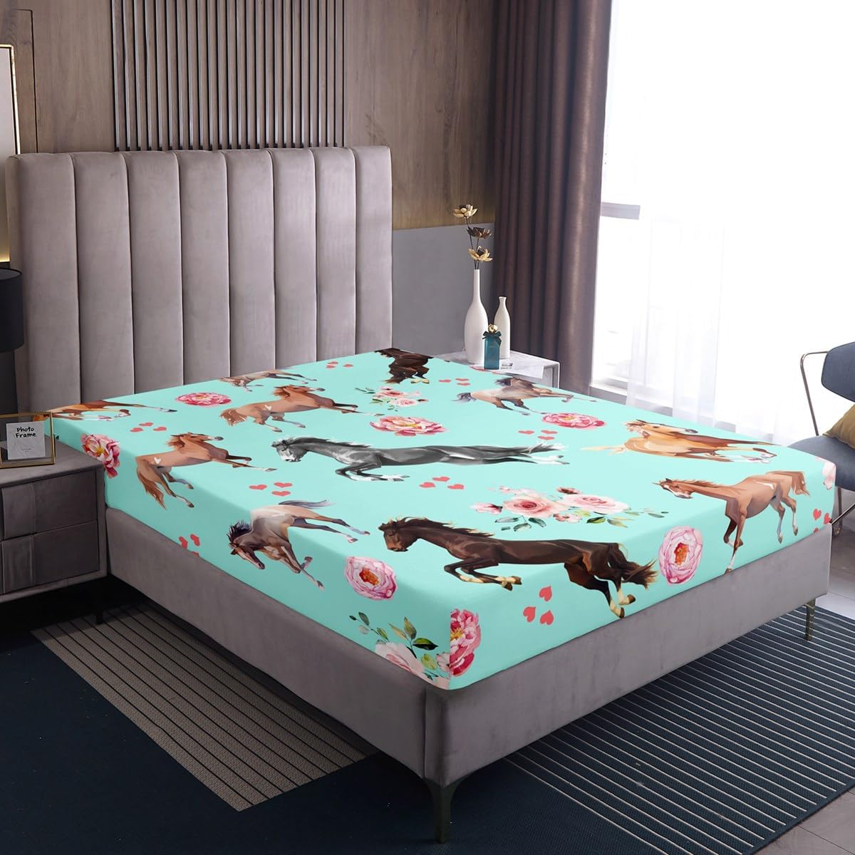 Erosebridal Galloping Horse Bed Sheets Full,Girly Blue Romantic Rose Fitted Sheet for Girls Women,Watercolor Horse Bedding Set for Rustic Lodge Decor,Farmhouse Animal Bed Cover with 2 Pillowcases