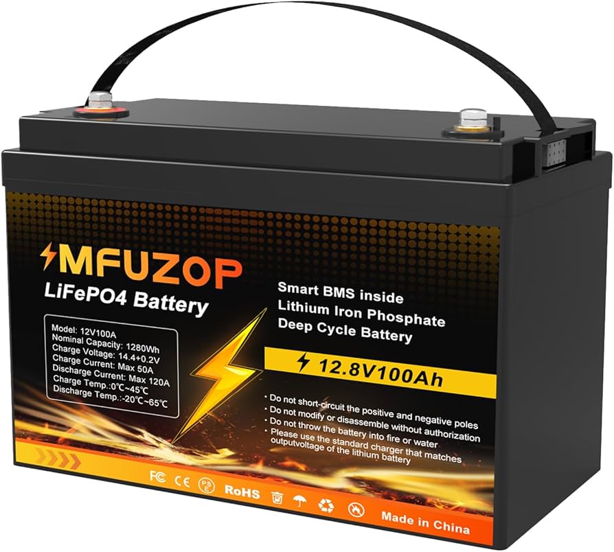MFUZOP 12V 100Ah LiFePO4 Lithium Battery with 100A Smart BMS, Deep
