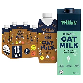 Willas Organic Oat Milk - Unsweetened Original Oatmilk, 32 oz, Pack of 1 & Kids Chocolate Oat Milk, 8.25 fl oz, Pack 16