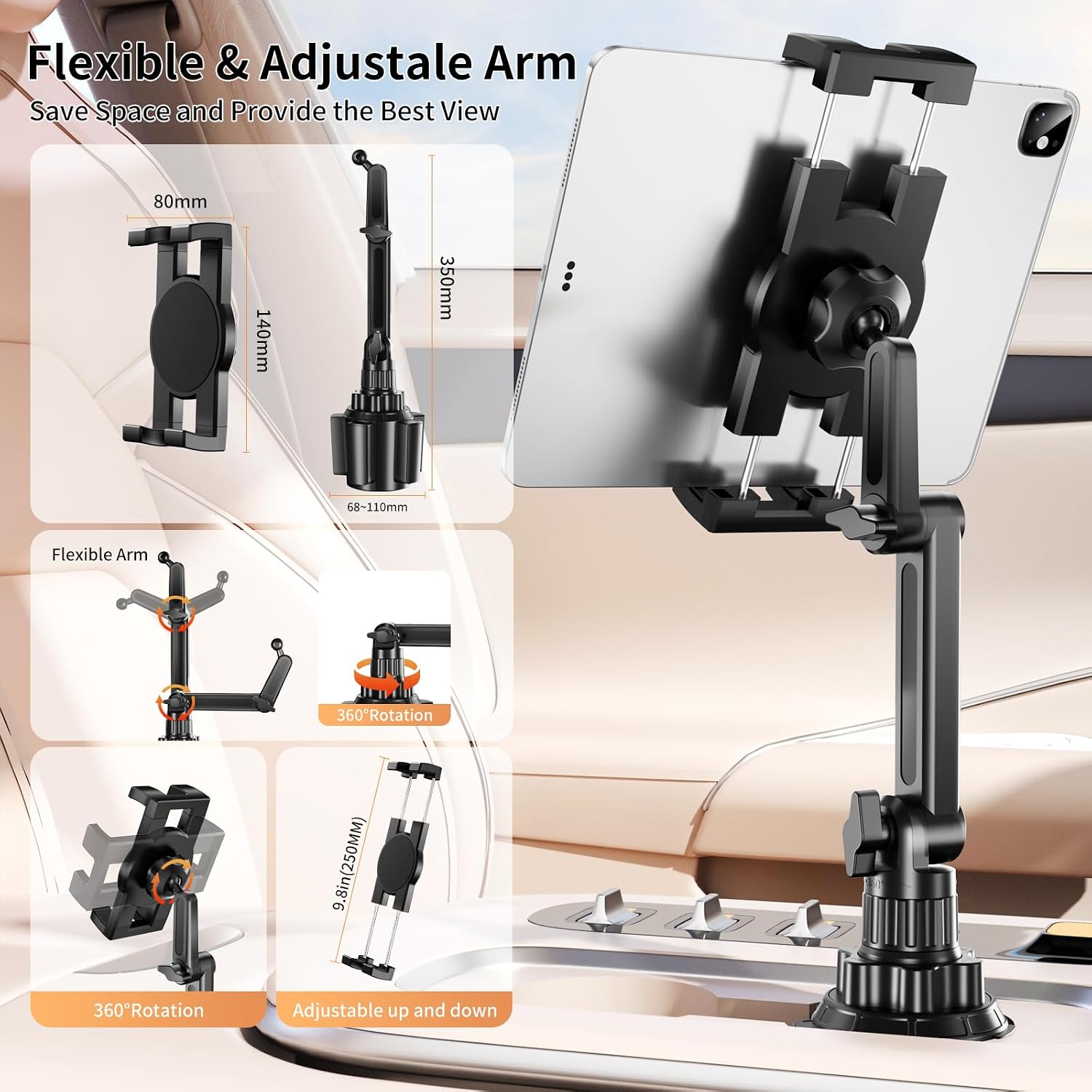 Cup Holder Tablet Holder for Car, ipad car mount with Depth Large Clamp, Adjustable Arm, Height Adjustable, Multi-angle Tablet Stand Car Accessories for All 4"-12.9" iPhone iPad Samsung Galaxy Tab