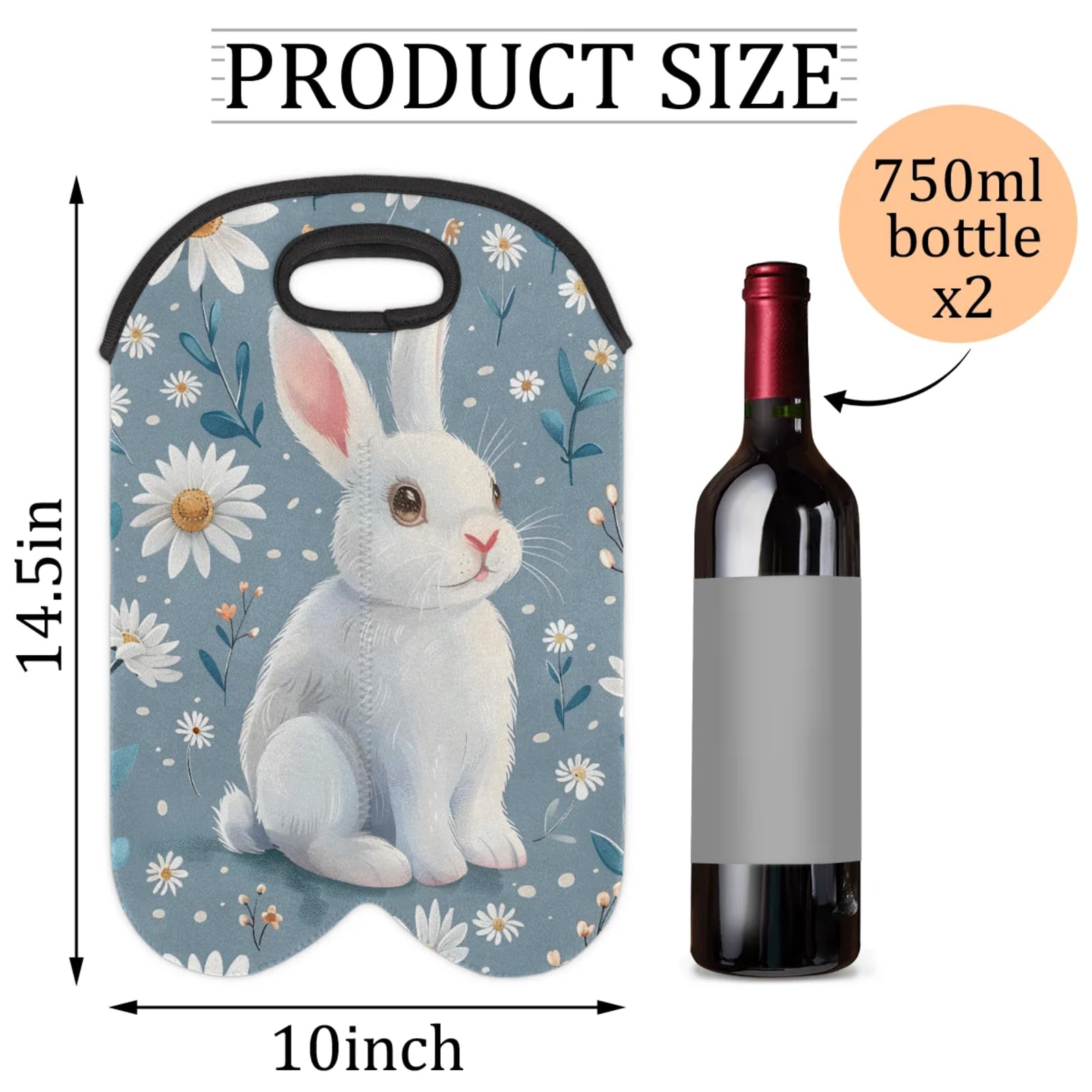 GzLeyigou 2 Bottles Rabbit Flowers Wine Bag Sleeve Totes Neoprene Protective Wine Carrier Bag for Wine,Water, Champagne, Beer, Baby Bottles,Gift 14.5 x 10 Inches