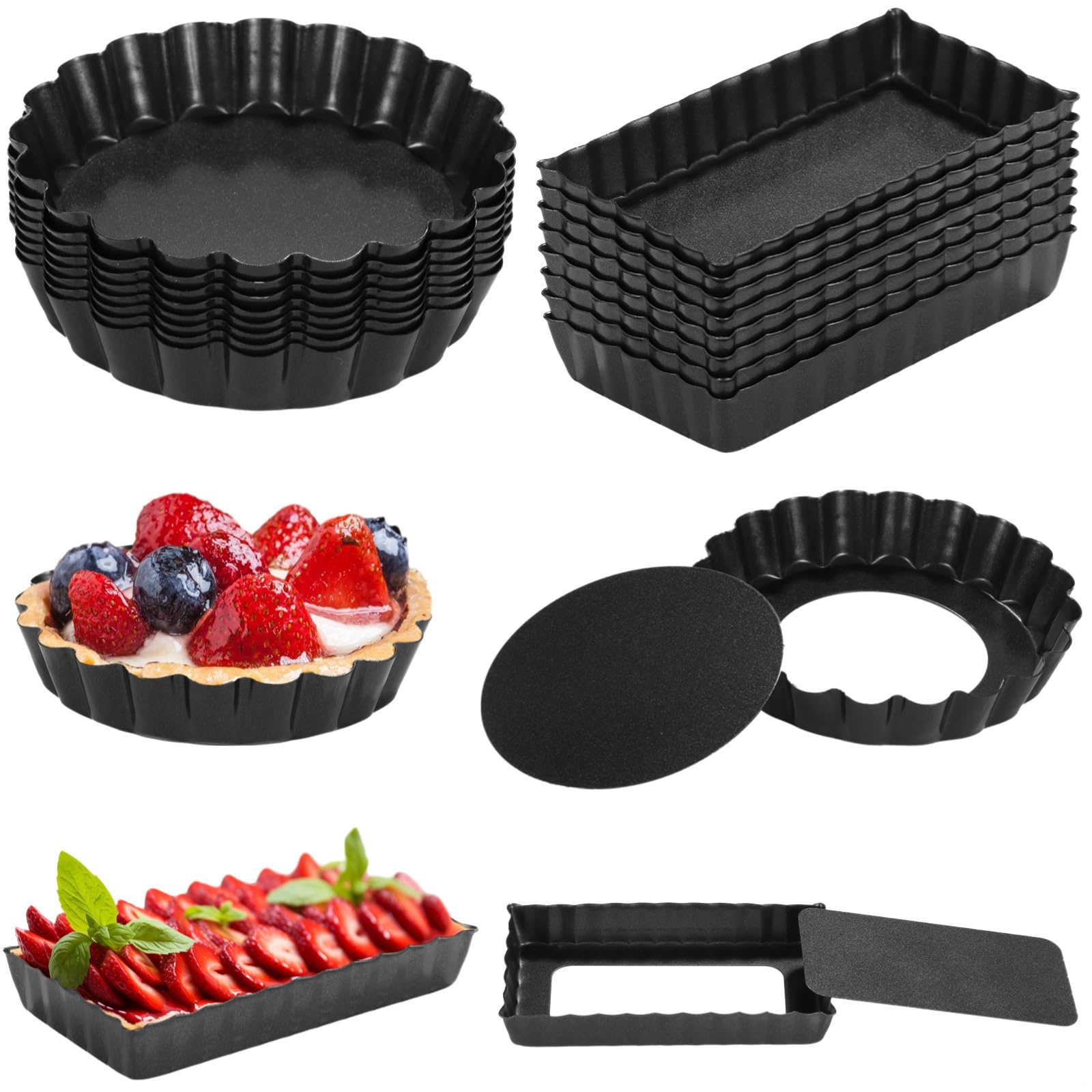 Lot de 16 mini moules à tarte antiadhésifs avec fond amovible en acier au carbone pour quiche, mousse et tartelettes aux œufs 10,2 cm