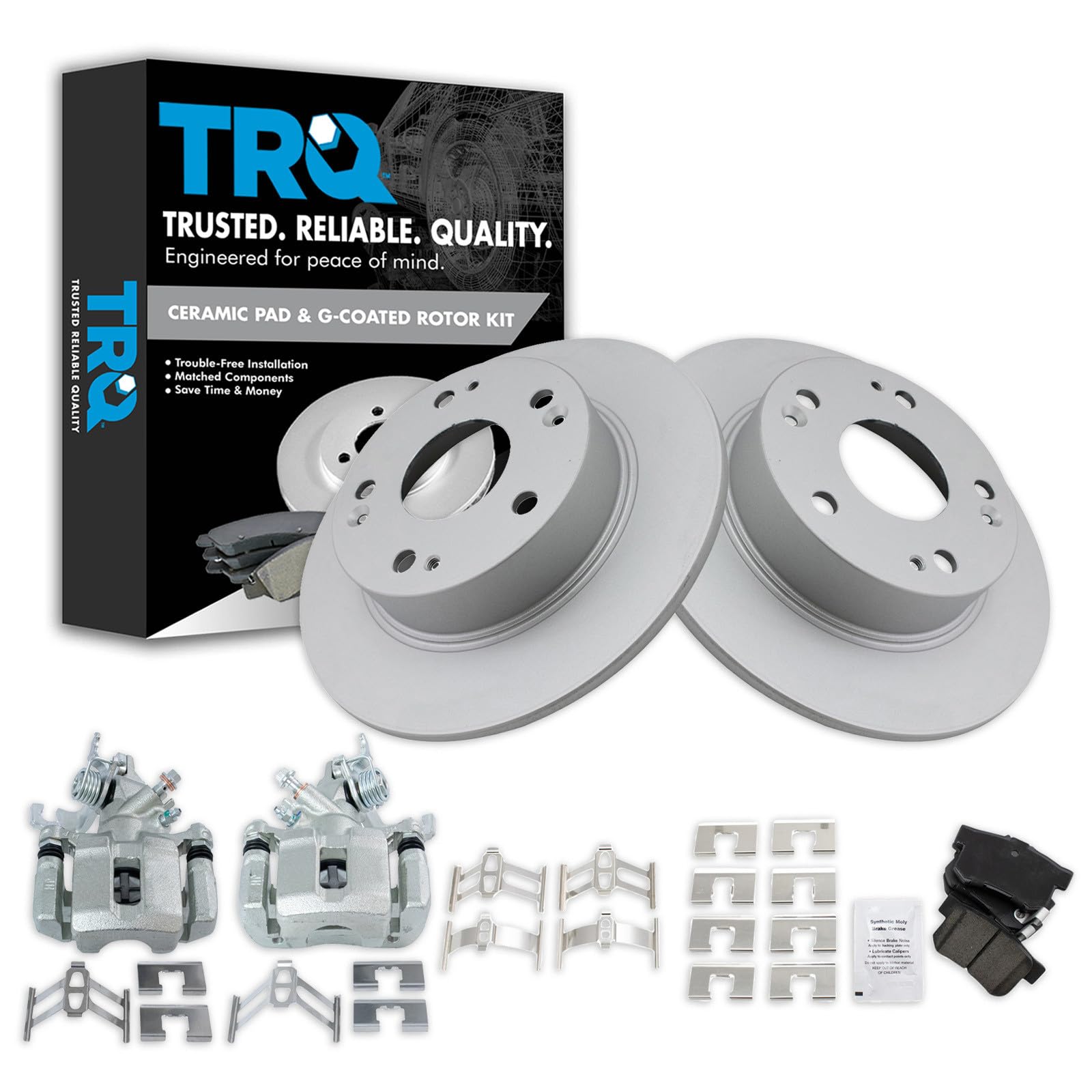 TRQ Rear Brake Pad and Rotor Set Ceramic G Coated Solid Rotors Calipers