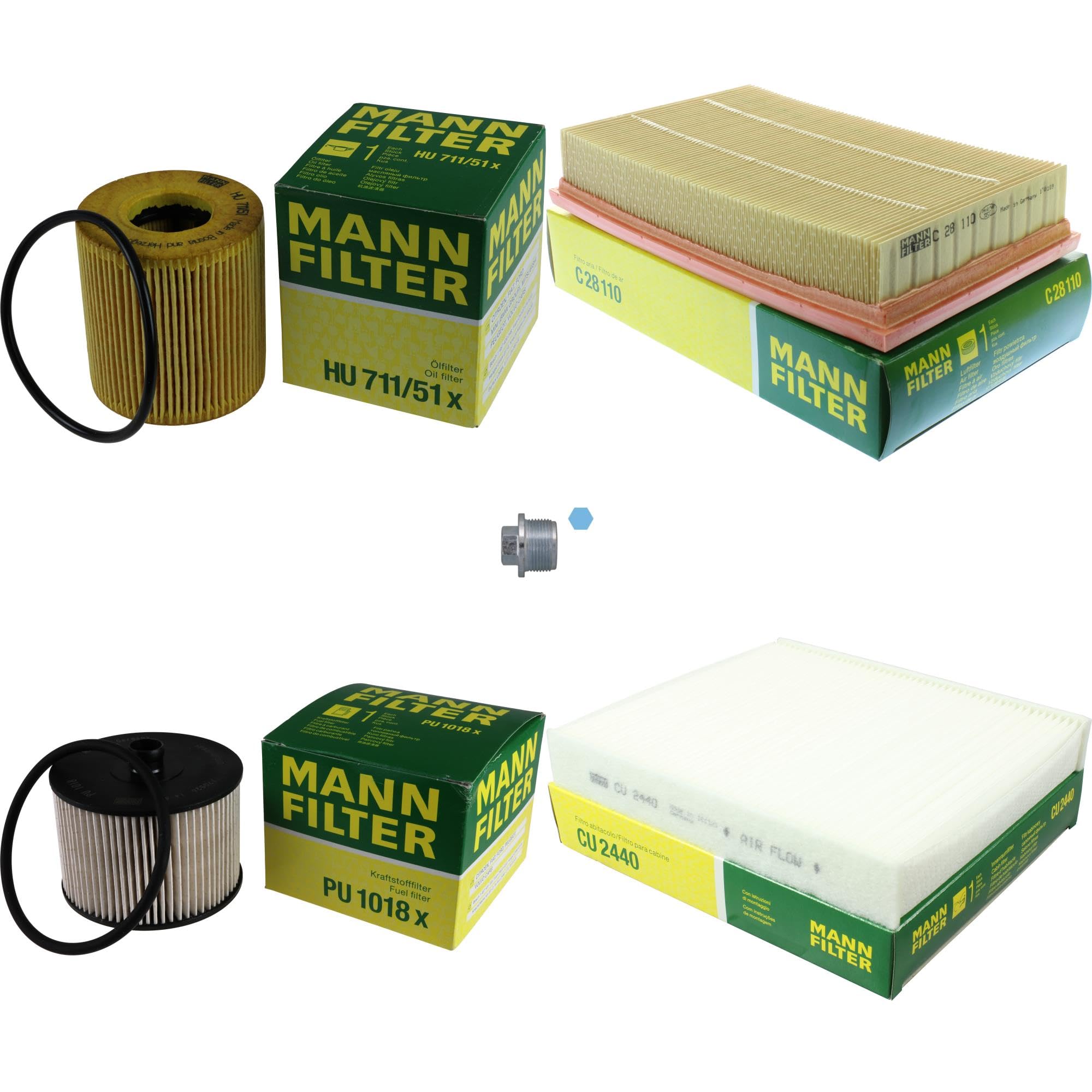 Paquete de inspección Kit de mantenimiento de filtros con filtro de aceite HU 711/51 x, filtro de aire C 28 110, filtro de combustible PU 1018 x, filtro de habitáculo CU 2440, tornillo de