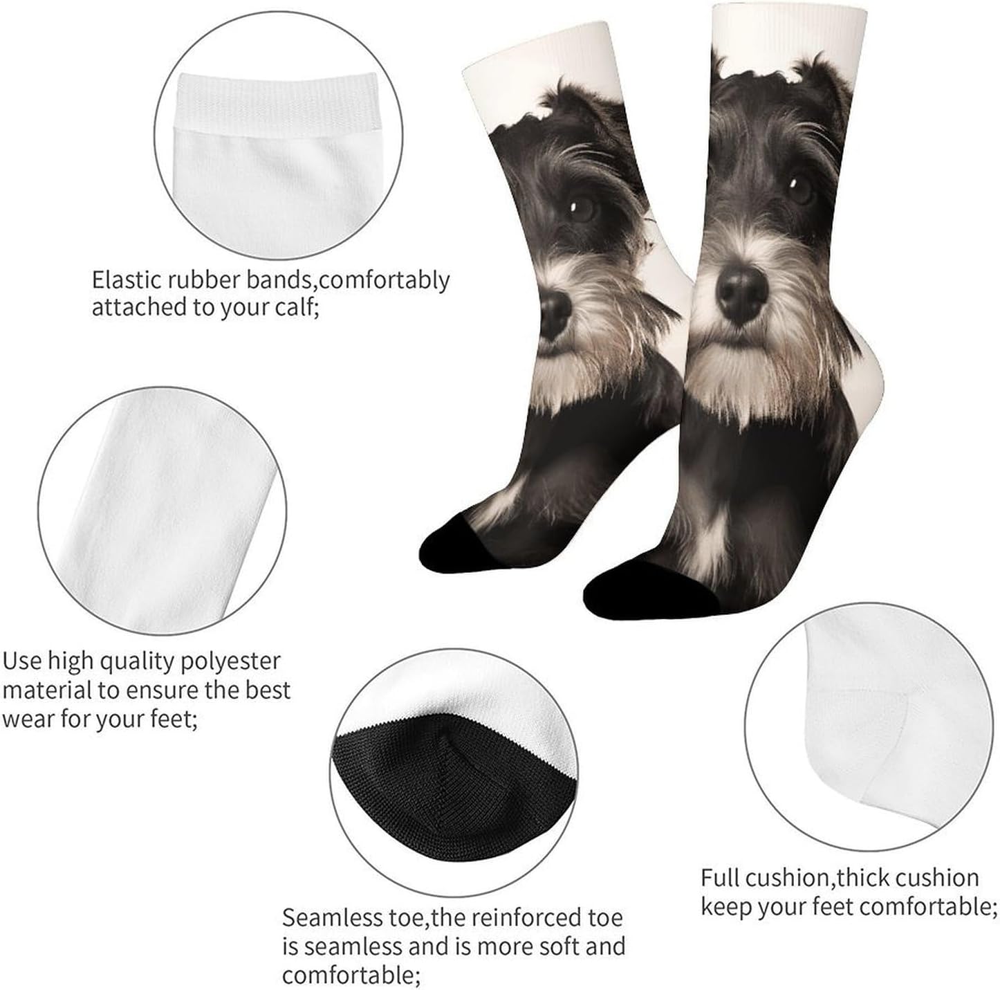 Moisture Wicking Socks, Breathable, Lightweight Crew Sock, Casual | Cute Schnauzer Work Socks for Women Men, Elastic Soft Boot Socks for Travel, Seamless