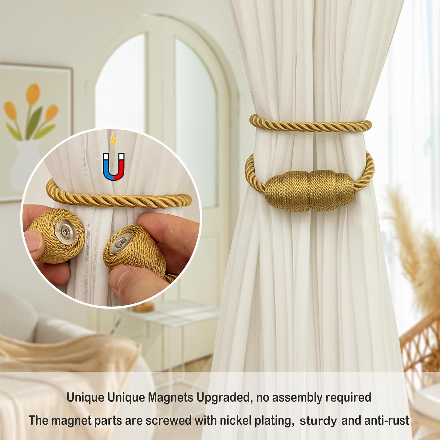 Magnetic Curtain Tiebacks Rope Curtain Tie Backs for Curtains 6 Pack Curtain Holders for Drapes Decorative Window Curtain Holdbacks, Gold image 3