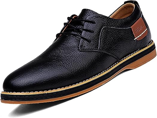 Mens Genuine Leather Hand Stitched Dress Oxfords Fashion Plain Toe Lace up Low Top Formal Business Office Derby Shoes Daily Non-Slip Soft Sole Casual Shoes