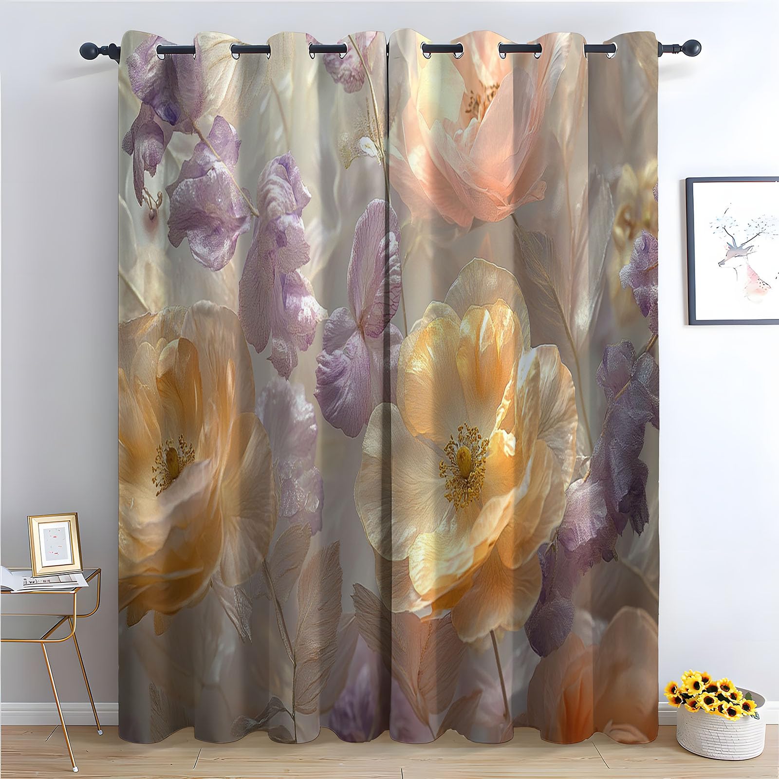 Rideaux thermiques pour salon ambiance jungle violette et crème