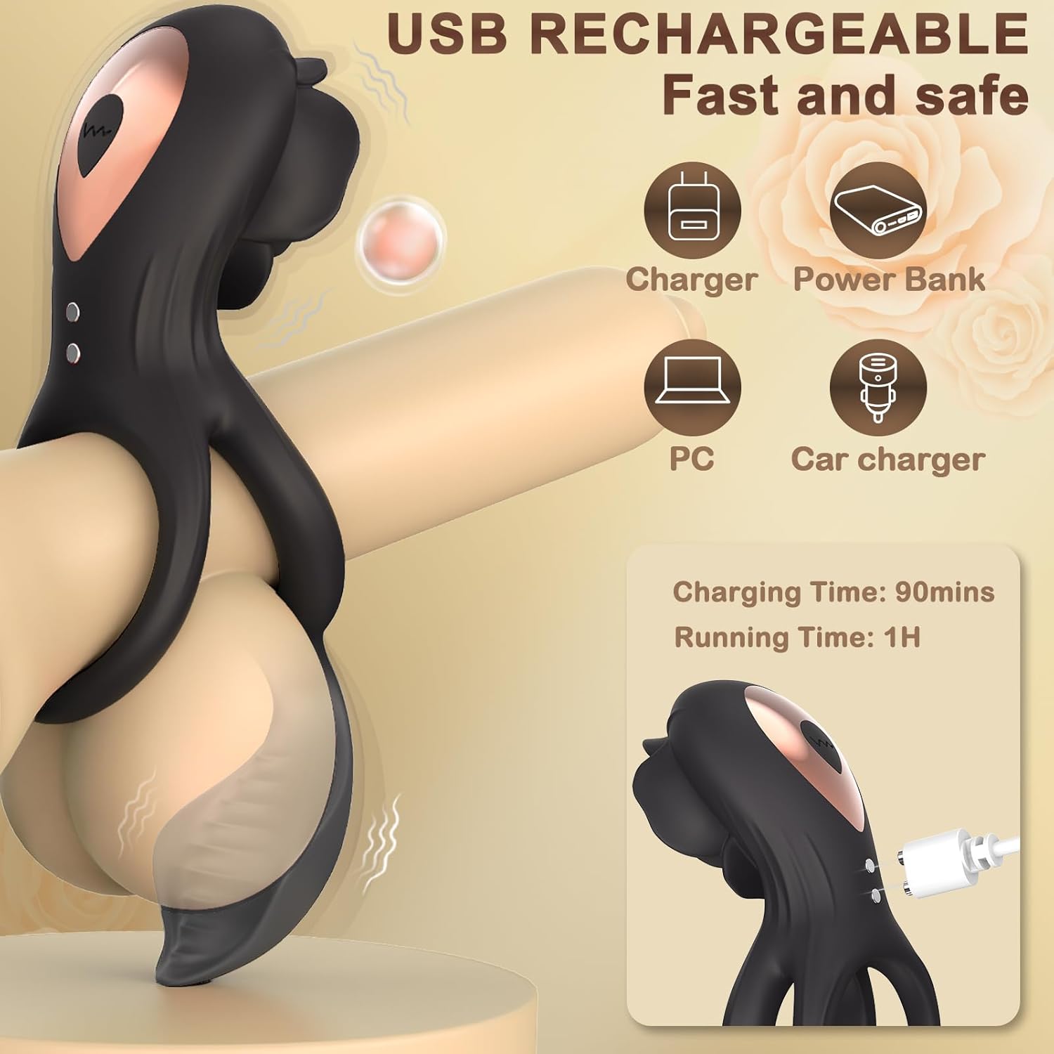 Vibrating Cock Ring Couples Sex Toys with Rose Clitoral Stimulator, Penis Ring image 3