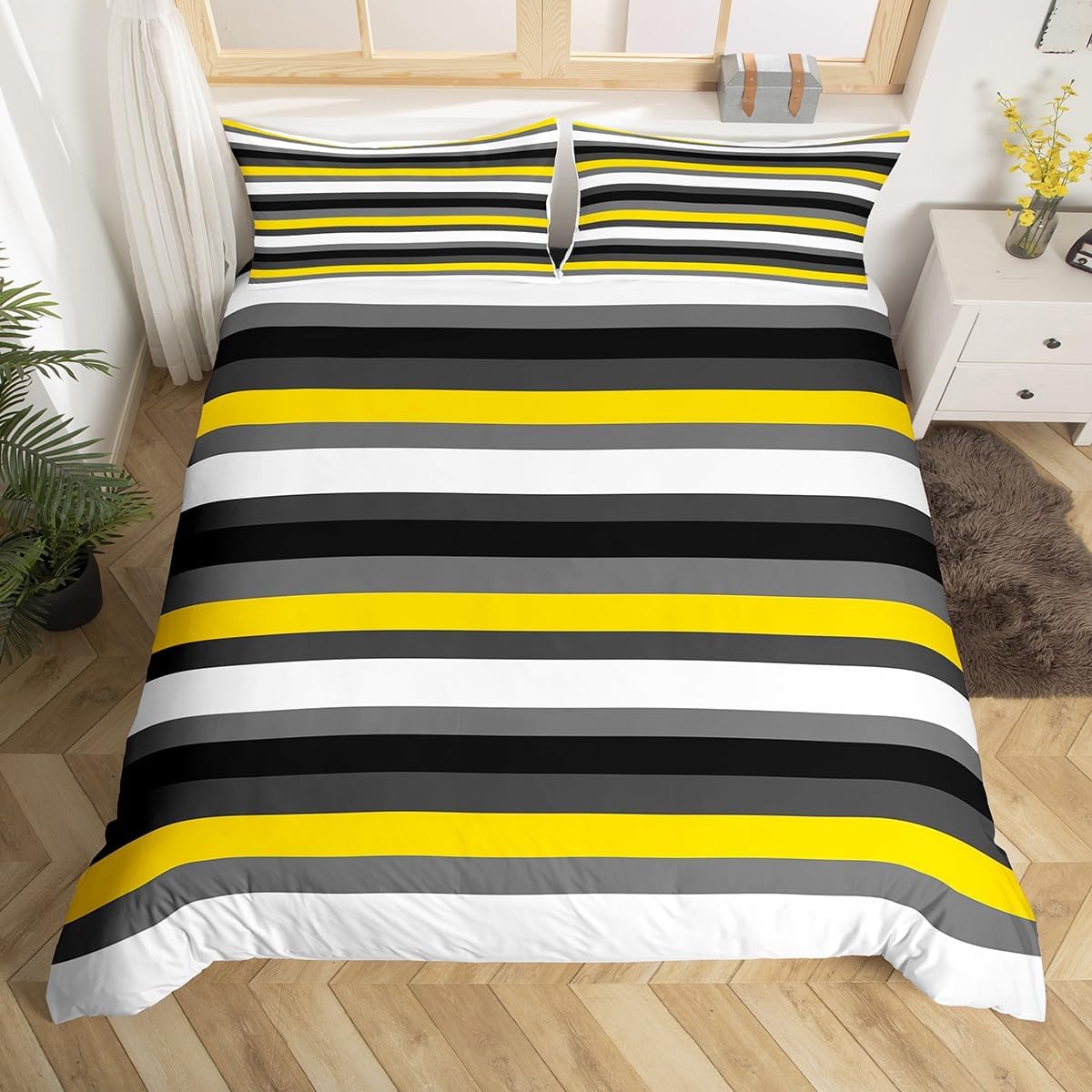 Minimalist Stripes Bedding Set,Yellow Black White Duvet Cover for Kids Teens Boys Girls,Modern Stripe Comforter Cover Decorative Room,Art Lines Quilt Cover with 2 Pillowcases,King Size(No Comforter)