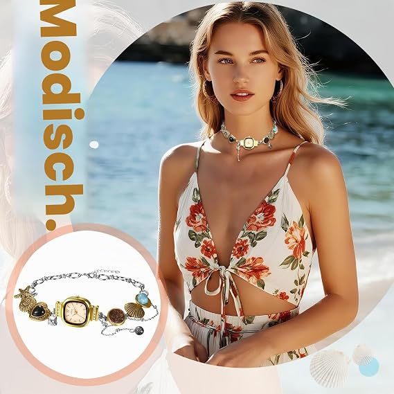 JewelryWe Pocket Watch Women's Rectangular Pendant Watch: Gothic Analogue Quartz Chain Watch Choker Chain Necklace with Heart Star Butterfly Cross Lace Cone Rivets Pendant Hip Hop Punk Watch