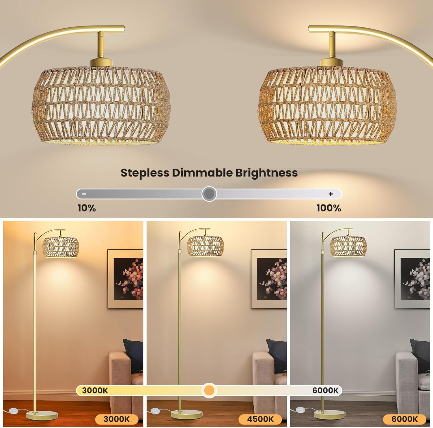Yusist Arc Floor Lamp for Living Room,Farmhouse Floor Lamps with Remote Control & Dimmable Bulb,Gold Boho Rattan Tall Standing Lamp for Bedroom Office