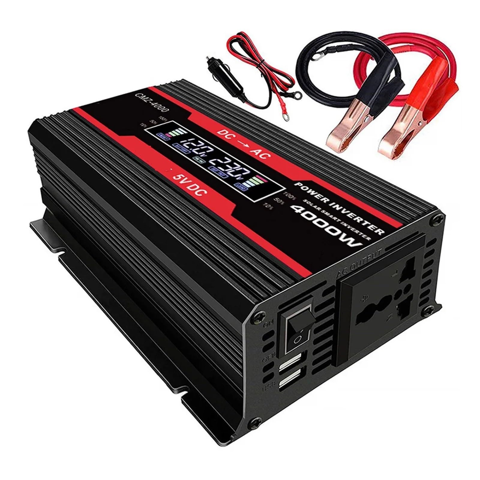 Falownik, Przetwornica napięcia samochodowego 4000 W, 12 V do 110/220, wyświetlacz LCD, zasilacz samochodowy, modyfikowana fala sinusoidalna(Nero)